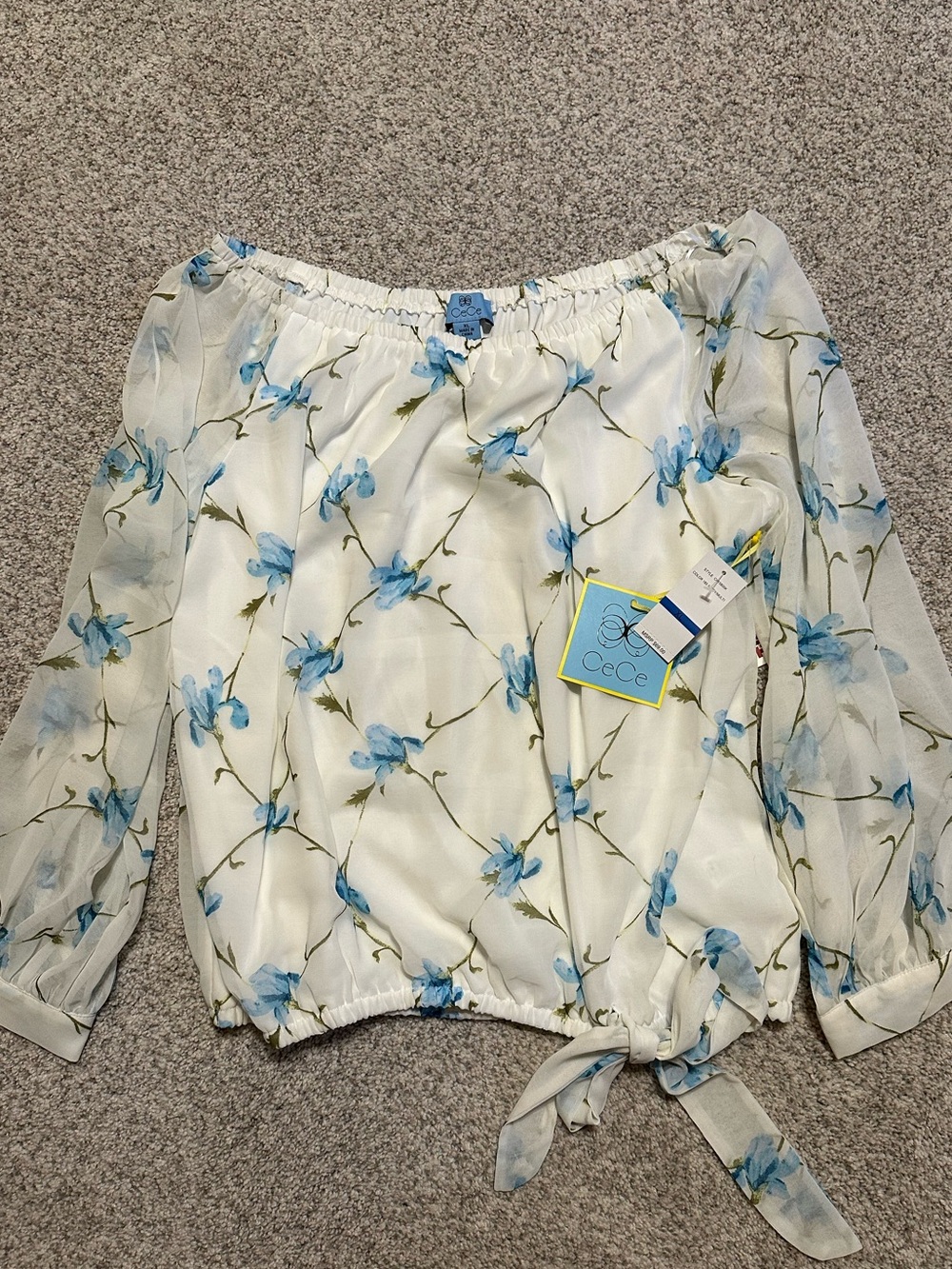 CeCe White & Blue Floral Off-Shoulder Tie-Hem Blouse NWT